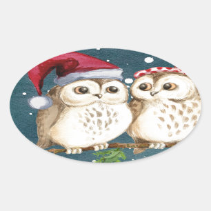 Frohe Weihnachten Owls Ovaler Aufkleber