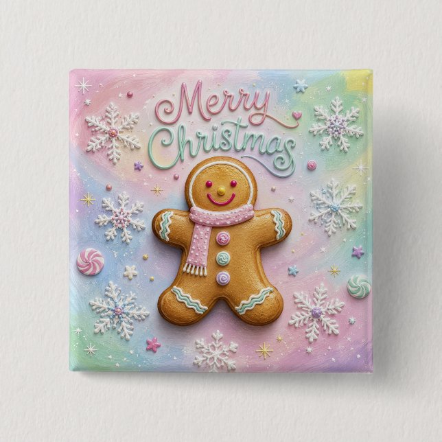 Frohe Weihnachten Pastell-Lebkuchenmann-Schneefloc Button (Vorderseite)