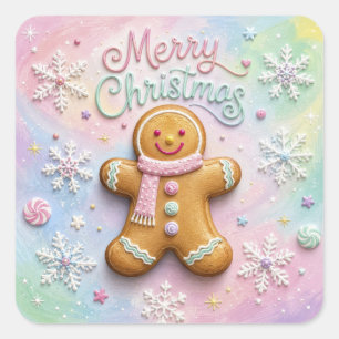 Frohe Weihnachten Pastell-Lebkuchenmann-Schneefloc Quadratischer Aufkleber