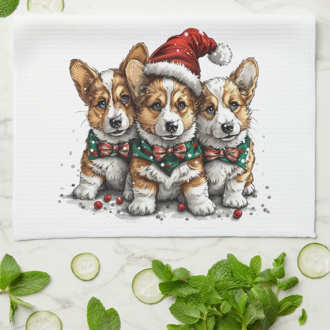 Frohe Weihnachten Pembroke Welsh Corgi Welpen Geschirrtuch (Gefaltet)