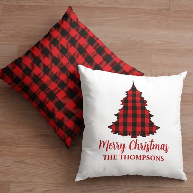 Frohe Weihnachten Personalisiert Buffalo Karo Kissen (Merry Christmas cute calligraphy buffalo check tree pattern pillow.)