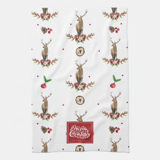 Frohe Weihnachten Personalisiert Winter Deer Patte Geschirrtuch (Vertikal)