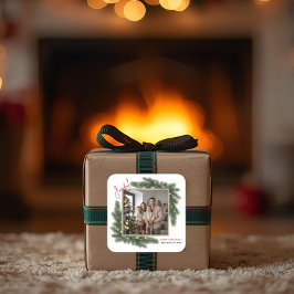 Frohe Weihnachten personalisierter Familienfoto-Au Quadratischer Aufkleber