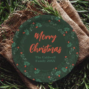 Frohe Weihnachten Personalisiertes grünes Mistleto Pappteller
