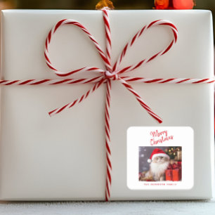 Frohe Weihnachten Personalisiertes Katzenfoto Feie Quadratischer Aufkleber