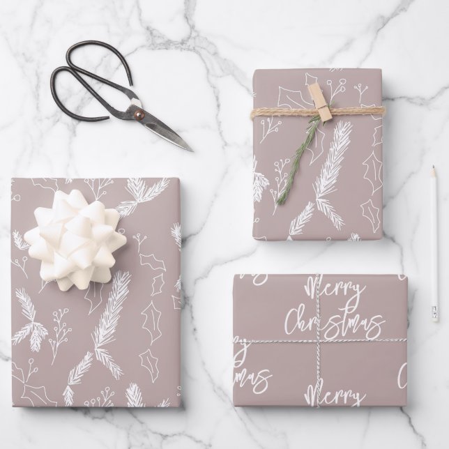 Frohe Weihnachten Pine Berries Muster Blush Geschenkpapier Set (Vorderseite)