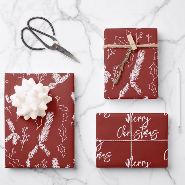 Frohe Weihnachten Pine Berries Muster Red Wrapping Geschenkpapier Set (Vorderseite)