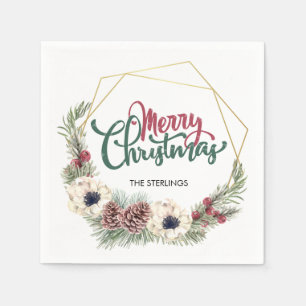 Frohe Weihnachten Pine Cone Holly Gold Rahmen Serviette