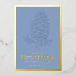 Frohe Weihnachten Pinecone Modernes Blue Corporate Folien Feiertagskarte
