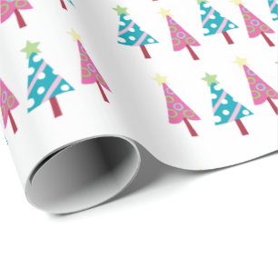 Frohe Weihnachten Pink Blue Trees Wrapping Paper Geschenkpapier