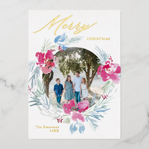Frohe Weihnachten Pink Blue Watercolor Blume Wreat Folien Feiertagskarte