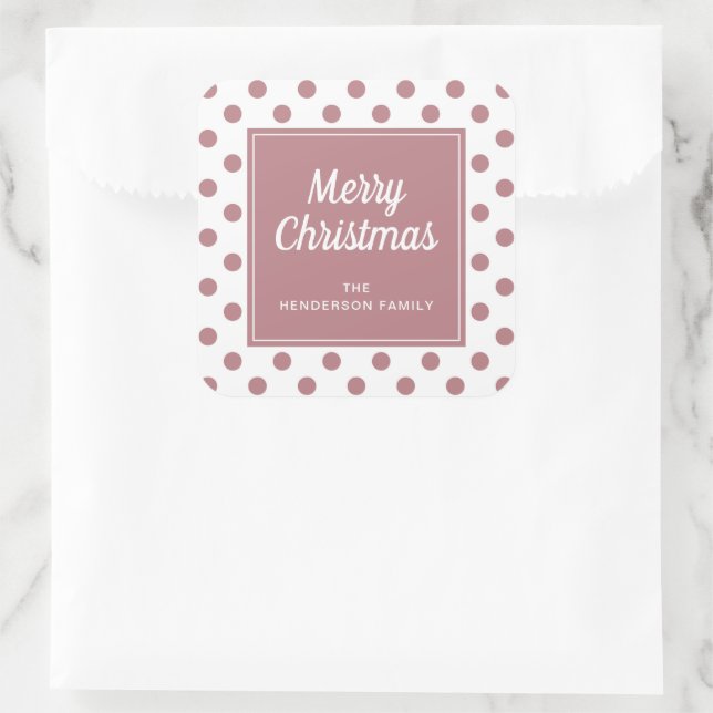 Frohe Weihnachten Pink Dusty Rose Polka Dots Quadratischer Aufkleber (Tasche)