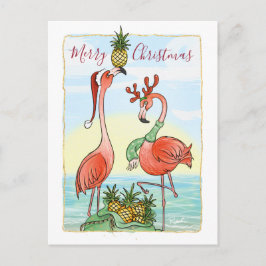 Frohe Weihnachten Pink Flamingo Hawaiin Ananas Ankündigungspostkarte