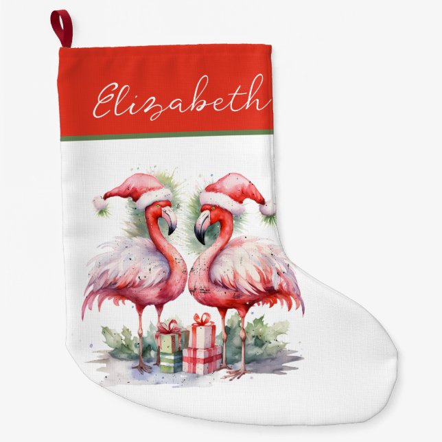 Frohe Weihnachten Pink Flamingos Großer Weihnachtsstrumpf (Vorderseite)
