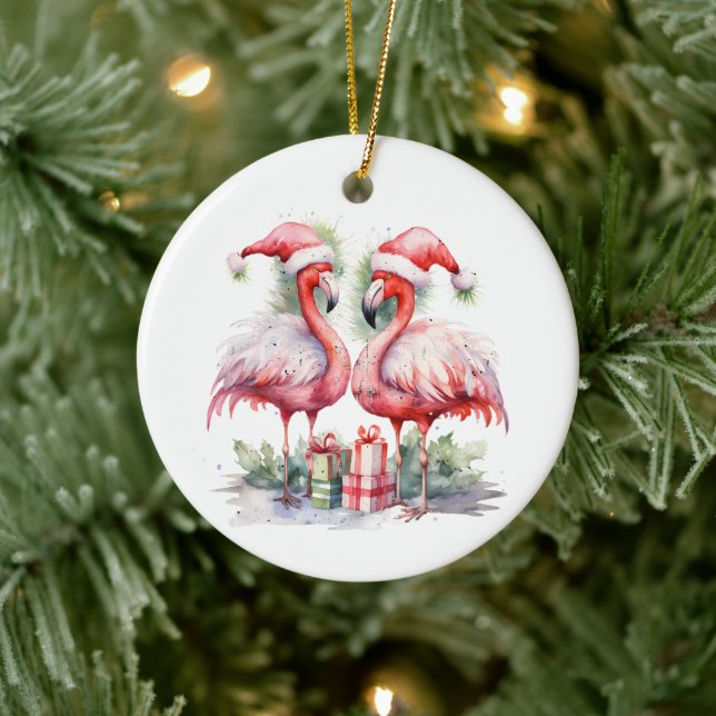 Frohe Weihnachten Pink Flamingos Keramik Ornament (Baum)