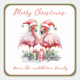 Frohe Weihnachten Pink Flamingos Quadratischer Aufkleber
