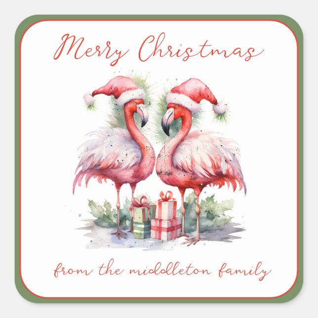 Frohe Weihnachten Pink Flamingos Quadratischer Aufkleber (Vorderseite)