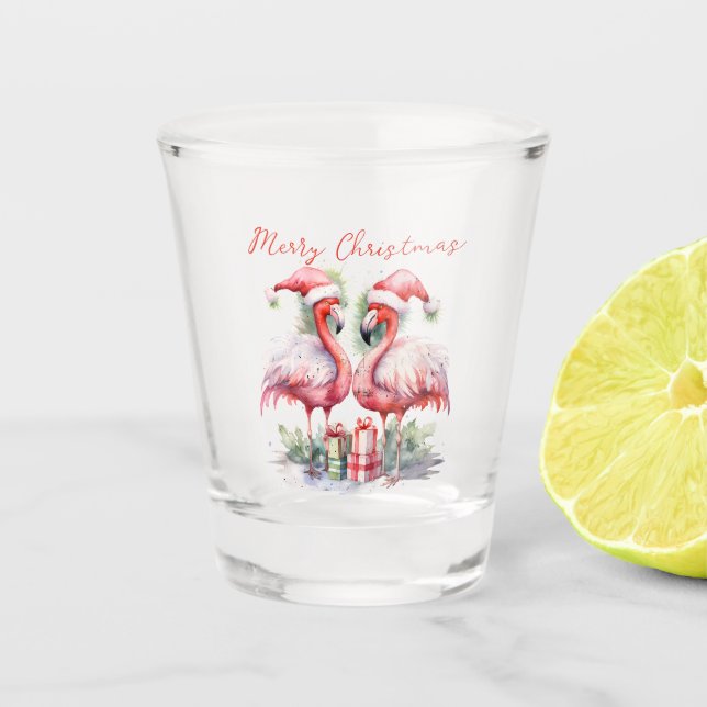 Frohe Weihnachten Pink Flamingos Schnapsglas (Vorderseite)