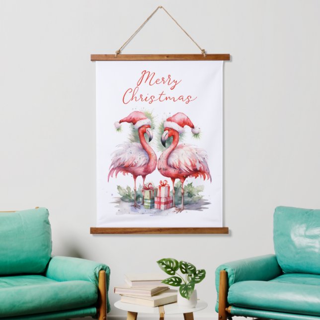 Frohe Weihnachten Pink Flamingos Wandteppich Mit Holzrahmen (Wohnzimmer)