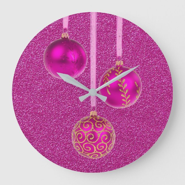 Frohe Weihnachten Pink Glitzer Baubles Elegant Große Wanduhr (Vorderseite)