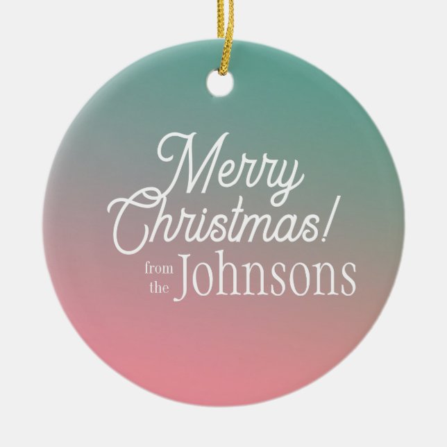Frohe Weihnachten Pink Green Ombre Keramik Ornament (Vorne)