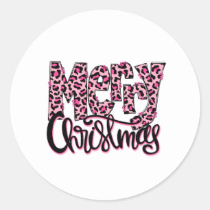 Frohe Weihnachten Pink Leopard Typografie Runder Aufkleber