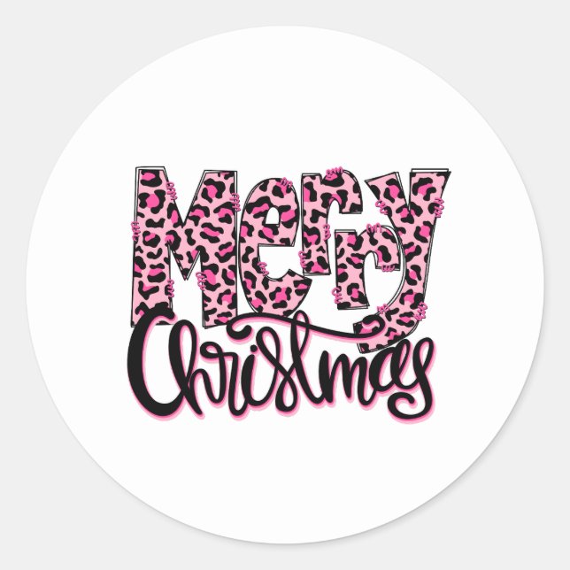 Frohe Weihnachten Pink Leopard Typografie Runder Aufkleber (Vorderseite)