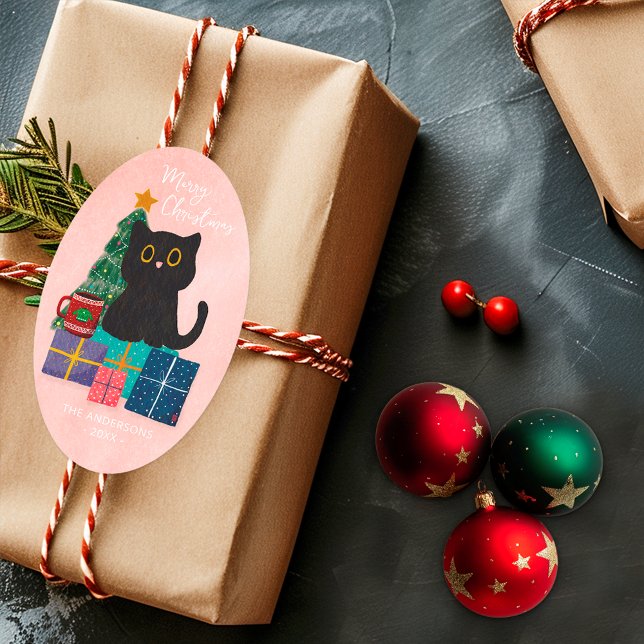 Frohe Weihnachten Pink Niedlich Black Cat Weihnach Ovaler Aufkleber (Von Creator hochgeladen)