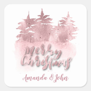 Frohe Weihnachten Pink Rose Name Holidays White Quadratischer Aufkleber
