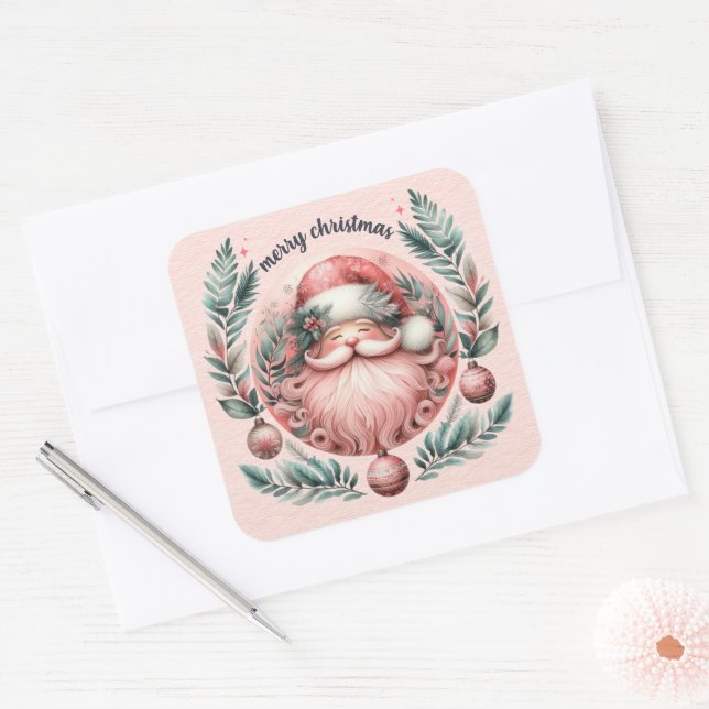 Frohe Weihnachten Pink Santa Wreath Quadratischer Aufkleber (Umschlag)