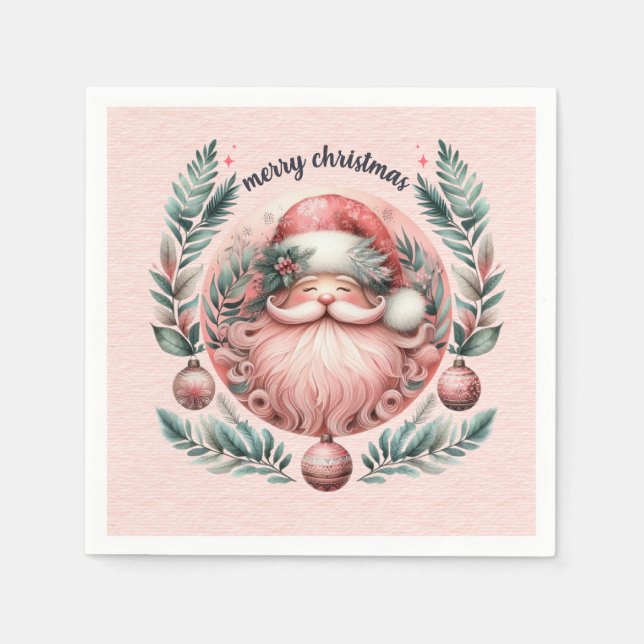 Frohe Weihnachten Pink Santa Wreath Serviette (Vorderseite)