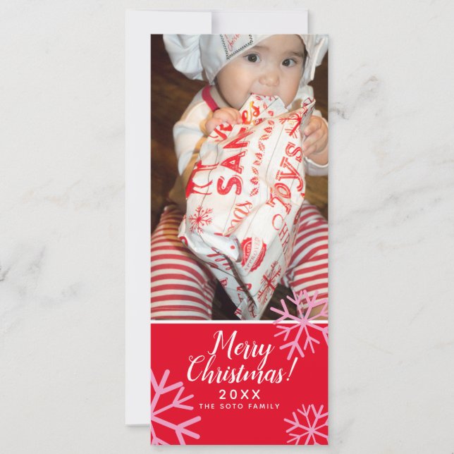 Frohe Weihnachten Pink SnowFlakes Baby Foto Rot (Vorderseite)