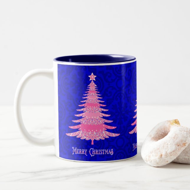 Frohe Weihnachten Pink Tree Sparkle Schneeflocken Zweifarbige Tasse (Mit Donut)