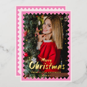 Frohe Weihnachten Pink Wavy Border Frame Foto Folien Feiertagskarte