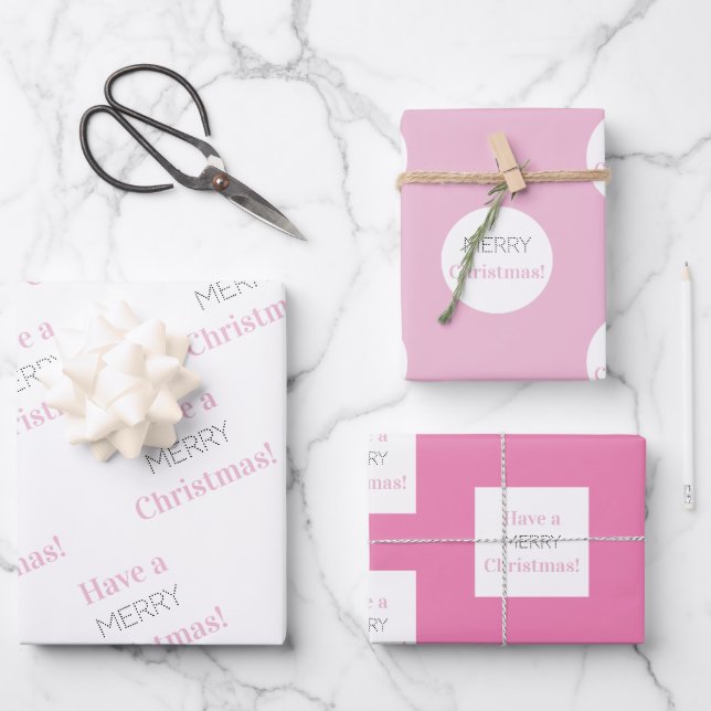 Frohe Weihnachten | Pink White Hot Pink Typografie Geschenkpapier Set (Vorderseite)