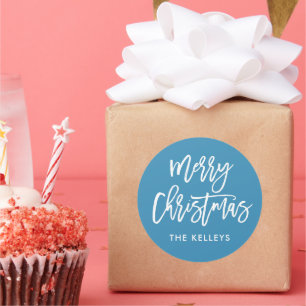 Frohe Weihnachten Pinselschrift Blau Personalisier Runder Aufkleber