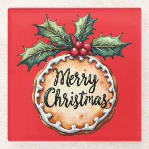Frohe Weihnachten Plätzchen mit Stechpalmen-Beeren Glasuntersetzer