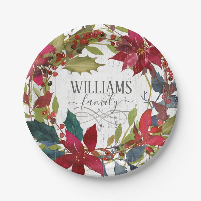 Frohe Weihnachten Poinsettia Aquarell Floral Name Pappteller (Vorderseite)