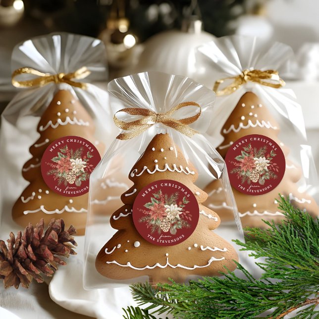 Frohe Weihnachten Poinsettia Burgundy Runder Aufkleber (Von Creator hochgeladen)