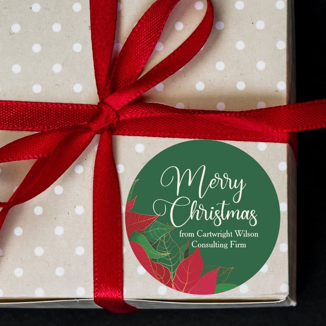 Frohe Weihnachten Poinsettia Elegant Grünes Geschä Runder Aufkleber (Von Creator hochgeladen)
