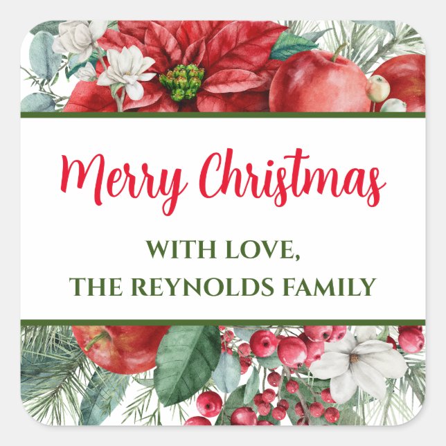 Frohe Weihnachten Poinsettia Floral Gefallen Quadratischer Aufkleber (Vorderseite)