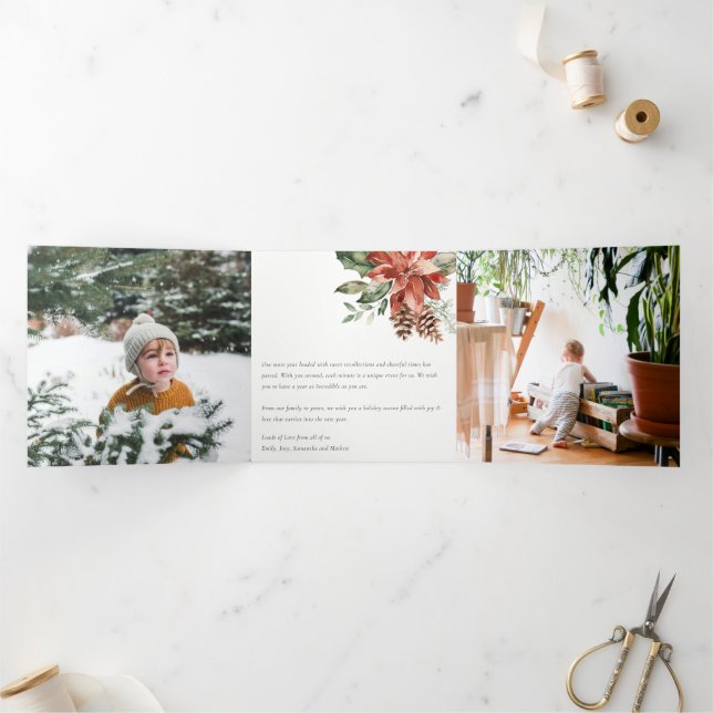 Frohe Weihnachten Poinsettia Pine 3 Foto Wasserfar Dreifach Gefaltete Urlaubskarte (Innenseite)