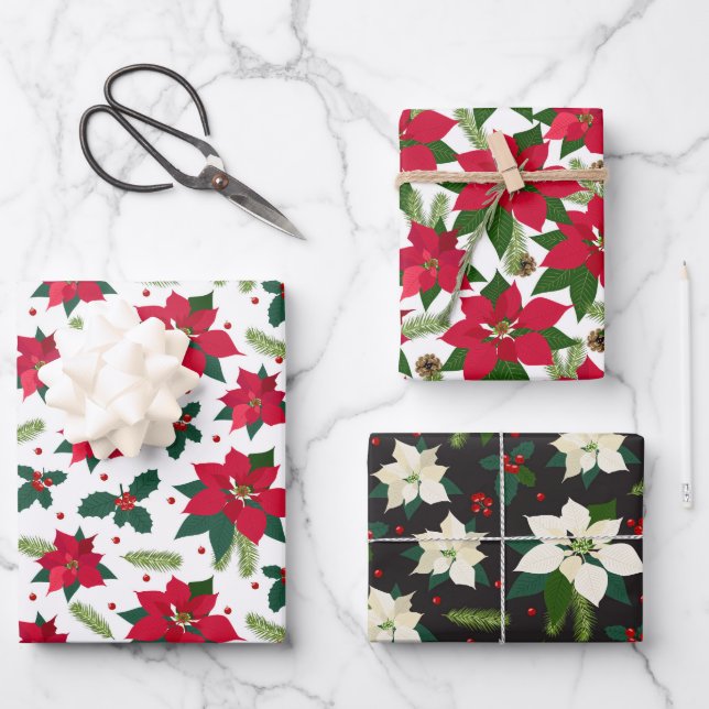 Frohe Weihnachten Poinsettia Red Holly Green White Geschenkpapier Set (Vorderseite)
