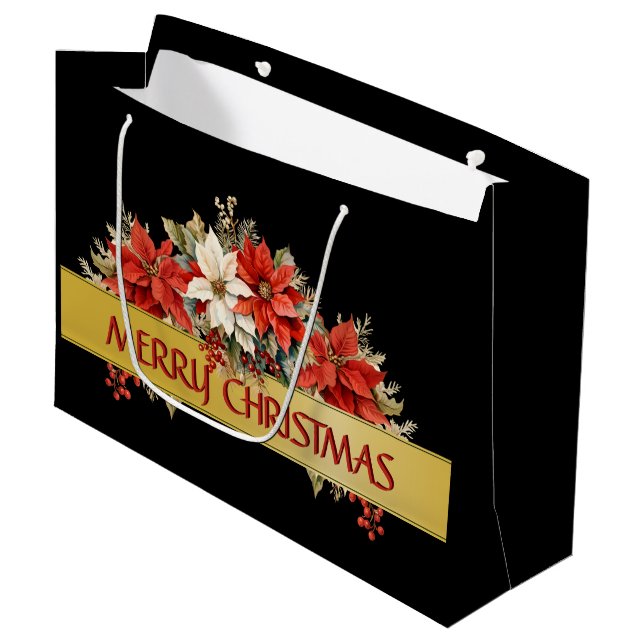 Frohe Weihnachten Poinsettias Große Geschenktüte (Vorderseite Schrägansicht)