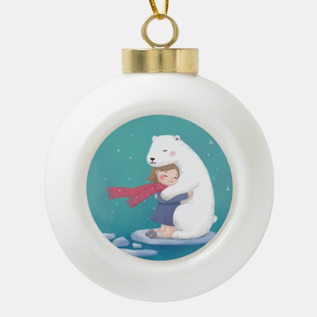 Frohe Weihnachten: Polar Bär & Child Illustration Keramik Kugel-Ornament (Vorderseite)
