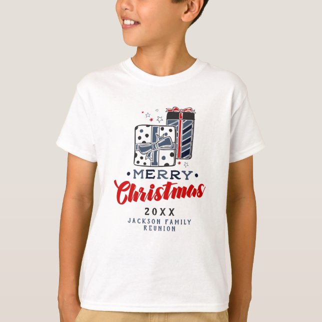 Frohe Weihnachten präsentiert Custom Text Red Blue T-Shirt (Vorderseite)