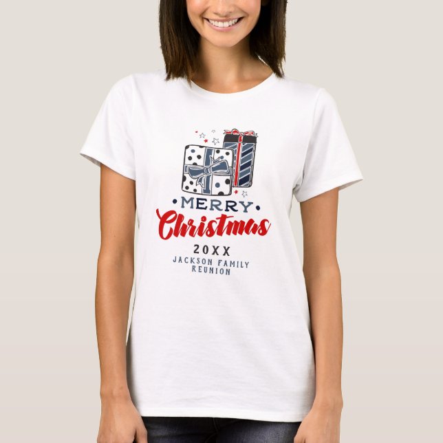 Frohe Weihnachten präsentiert Custom Text Red Blue T-Shirt (Vorderseite)