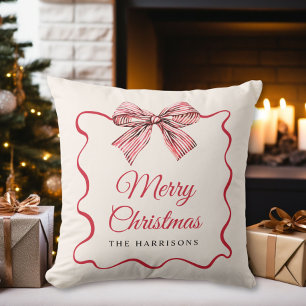 Frohe Weihnachten Preppy-Schleife Familienmonogram Kissen