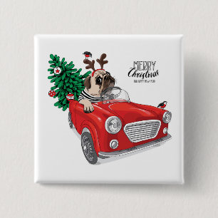 Frohe Weihnachten Pug fährt Oldtimer Button