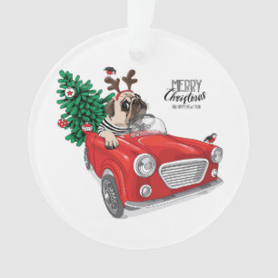Frohe Weihnachten Pug fährt Oldtimer Ornament
